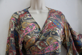 one size fitsS, M, L, XL - Silk wrap and tie top wide trumpet sleeves , shades of PINK,  GREY, TURQUOISE and YELLOW details