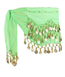 Luxury belly dance costume girl : Full circle bellydance skirt with 2 slits BRIGHT GREEN + Top + Hip belt + Head band