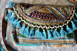 Unieke Boho hippie chic handtas patchwork borduursel kwastjes rits drukknoop TURQUOISE1 GROEN GOUD  ORANJE - 23 cm x 13 cm x 6cm