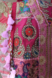 Patchwork Banjara Boho India hippie tas tote bag strandtas LICHTROZE2 FUCHSIA GOUD, met kwastjes en kraaltjes