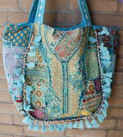 Patchwork Banjara Boho India hippie tas tote bag TURQUOISE7 rijk GOUDgeborduurd met kwastjes, kraaltjes en glitter