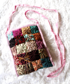 Soft multicolored Bohemian party purse, squares decorated - 23 cm x 17 cm