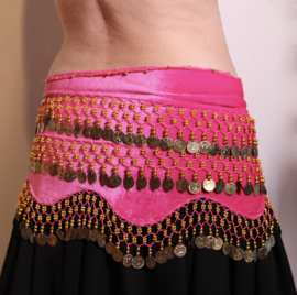 Velvet coinbelt PINK with ondulating bottom, GOLDEN coins and beads decorated - G37 L Large XL Extra Large - G37