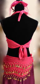 one size - Harem costume 4-piece : headband + Bra top FUCHSIA GOLD + belt + skirt + coinbelt + 2 slit- 4- points skirt  PURPLE