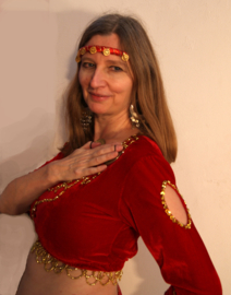 RED velvet bellydance blouse, GOLDEN or SILVER beads and sequins decorated