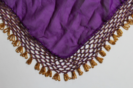 S / M - Triangular scarf Egyptian handywork crocheted, PURPLE chiffon, GOLDEN beads crochete work decorated - Foulard triangulaire VIOLET DORÉ perles crocheté