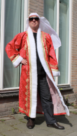 Sultan / Sheik / Sjeik luxe harem jas ROOD met WITTE kunst bont rand en GOUDEN krullen versiering + NU plus GRATIS Saudi Arabisch sheik hoofddeksel -  one size