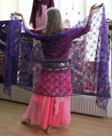 XL Extra Large 315cm x 125cm - Rectangular veil PURPLE lace, sheer, flowered - Voile dentelle fleurs mauve rectangulaire pour la danse orientale lace