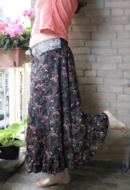 BLACK silk flowered Bohemian skirt, PINKISH ORANGE flower design - M Medium, L Large, Extra Large