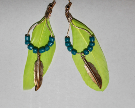 Lightweight Feather earrings FLUO LIME GREEN with GOLD colored feather and beads