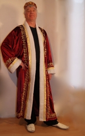 Sultan / Sheik / Sjeik luxe harem jas BORDEAUX ROOD met WITTE kunst bont rand en GOUDEN krullen versiering -  one size