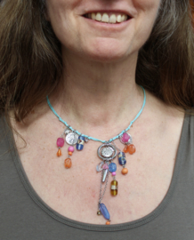 Fantasy 2 - Fantasy Necklace MULTICOLOR, SOFT PINK , TURQUOISE, SOFT BLUE, SILVER with coins, ring and beads