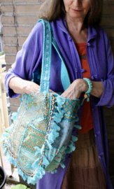 Richely embroidered, spacious, Banjari Indian Bohemian XL Tote Bag TURQUOISE7,  GOLD embroidered