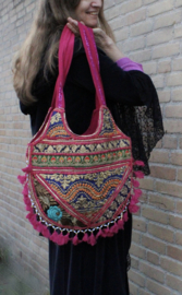 38 cm x 29 cm - One of a kind Bohemian hippy chic Full Moon patchwork bag FUCHSIA2 PINK BLACK YELLOW BURGUNDY MULTICOLORED