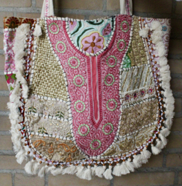 WHITE10 GOLD PINK, mirrored One of a kind, richely embroidered Banjari Indian Bohemian tote Bag