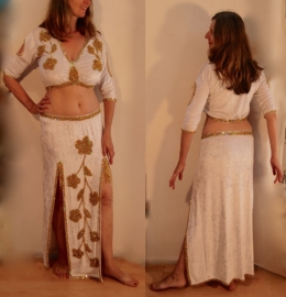 2-piece set / bellydance costume  : stretch velvet blouse + 2-slit skirt WHITE, GOLD decorated - Large Extra Large, L XL