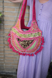 23cm x 13 cm x 6cm - One of a kind Bohemian hippy chic purse patchwork PINK ORANGE GREEN -  Sac Bohème ethnique
