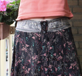 BLACK silk flowered Bohemian skirt, PINKISH ORANGE flower design - M Medium, L Large, Extra Large