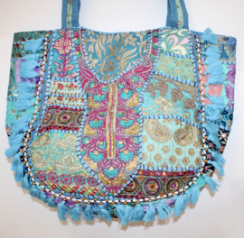 Banjara Boho India hippie tas tote bag tote bag TURQUOISE3 GOUD ROZE met kwastjes en kraaltjes