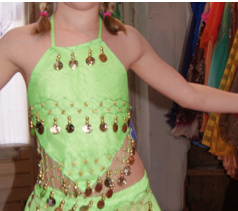 Luxe buikdans kostuum  voor meisje : Buikdansrok cirkelrok met 2 splitten LICHT GROEN TURQUOISE + Topje + Heupgordel + Hoofdbandje