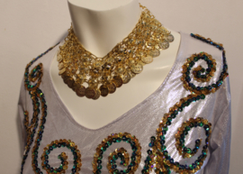 one size - Shiny top SILVER decorated with BLUE-GREEN beads and sequins