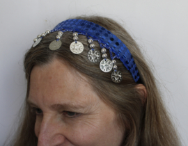 Glitter Diadeem haarband KONINGS BLAUW met ZILVEREN muntjes en kraaltjes Tiara voor meisjes en dames - one size