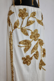 36-38 size - Bellydance costume  : 1-slit straight skirt, OFF WHITE, GOLDen flowers decorated + fully sequinned golden bra