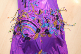 38/40 M/L - Baladi dress PURPLE stretch lycra, beaded fringe and sequins  TURQUOISE, GOLD, PINK decorated - Robe baladi VIOLETTE DORÉE NOIRE