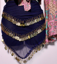 Chiffon triangle coinbelt transparent NAVY BLUE, GOLDEN coins and beads crocheted decorated -  one size fits S, M, L, XL, XXL
