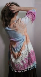 Pastel BLAUW, ROZE, ORANJE Bohemian tuniek, kort jurkje, lange blouse, met kant en borduurwerk, afgeboord met kwastjes band - S, M, L