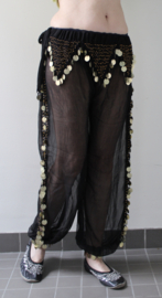 Harempants transparent BLACK with side slits, crocheted decorated with GOLDEN coins
