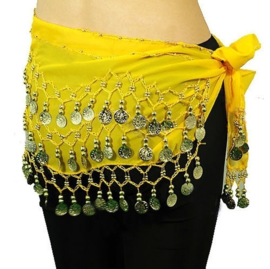 XXS XS - Girls  / boy CHILD bellydance scarf, coinbelt YELLOW WHITE / GOLDEN coins decorated