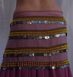 Coinbelt OLD PINK / VIEUX ROSE chiffon , GOLDEN and SILVER  beads and coins decorated - G46