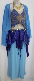Asymmetrisch, zwierig, BLAUW puntenrokje met ZILVEREN bloemetjes in relief print - one size fits 36/38/40/42, S, M, L, XL