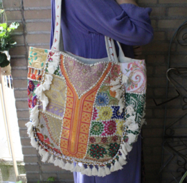 Richely embroidered Banjari Indian Bohemian Bag, flowered and colorful, WHITE8 GOLD ORANGE AQUA MULTICOLOR, GOLD embroidered