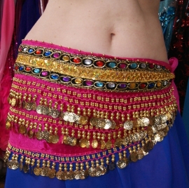 Extra Small / Small GS14g - Bellydance coinbelt FUCHSIA, GOLD and multicolored stones decorated - Ceinture de danse orientale velours FUCHSIA dotée de perles multicolores et sequins dorés.