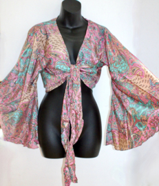 M L XL  - silk wrap and tie top nr2 - Top en soie naturelle fleuri Indien, manches trompette no2