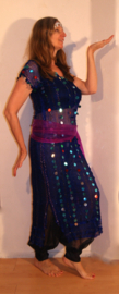 S M L XL - 3-piece Cleopatra set : transparent net dress ROYAL BLUE + matching hip shawl + headband