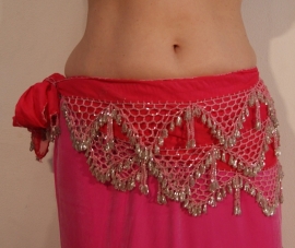 Beaded oriental dance hip scarf, handycraft from Egypt PINK SILVER