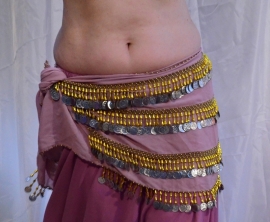 Coinbelt OLD PINK / VIEUX ROSE chiffon , GOLDEN and SILVER  beads and coins decorated - G46