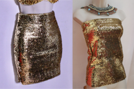 Volledig elastisch, strak, GOUDEN pailletten mini rokje / topje - One size fits (Extra) Small, Small, petite
