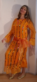 Egyptian folklore YELLOW transparent saidi bellydance dress with plastic glitter coins, long sleeves - one size fits S, M, L, XL