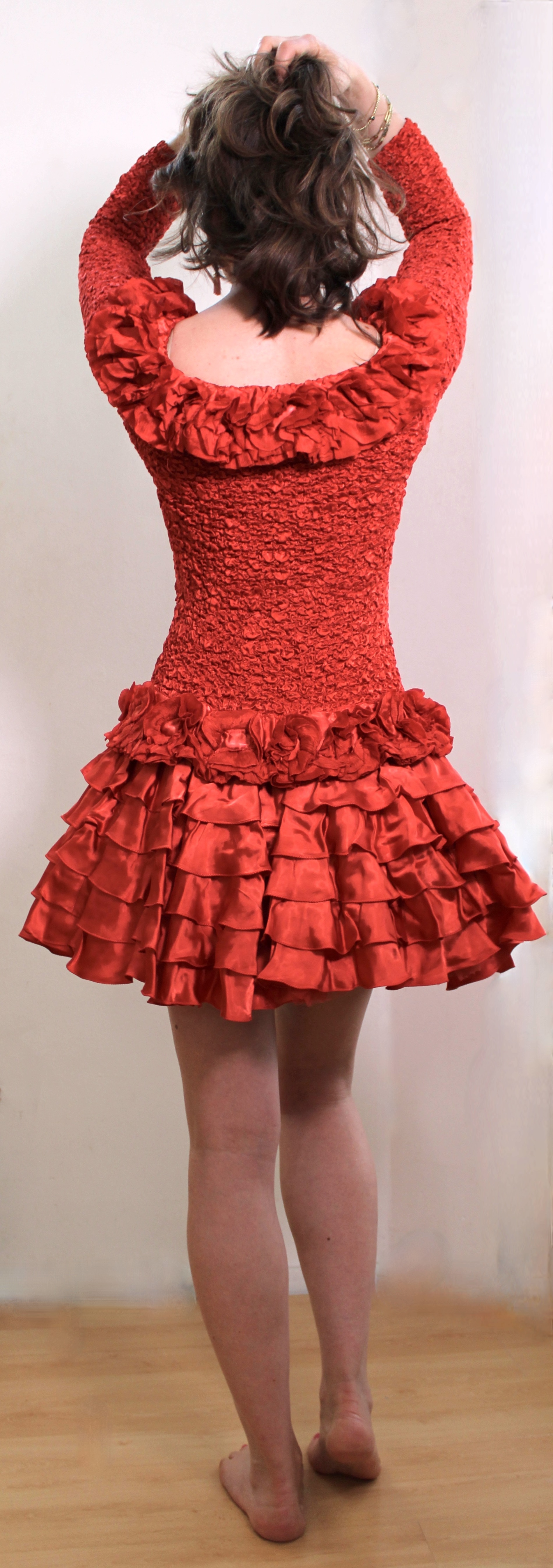 Coctail dress, party dress with fully elasticated top part and satin flounces skirt / lower part -  one size fits 38, 40 and 42