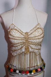 Glitter vlindertop WIT met GOUDEN kraaltjes versiering en kralenfranje - M, S, XS
