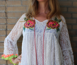 L XL- WHITE Lace blouse / tunic / short dress with MULTICOLOR flower applications, pon pon and fringe rimmed
