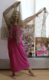 BLACK, rectangular, lace veil, GOLDEN flowers embroidered + matching hip shawl /headband - 240 cm x 105 cm