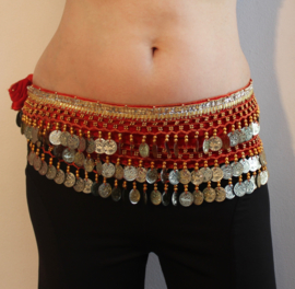 Fluwelen Buikdansgordel met kralen, haakwerk, muntjes, glinsterband  ROOD GOUD -  G54  - Coinbelt for bellydancing crocheted and GOLD decorated with beads, coins and glitter band RED
