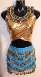 G34 - Coinbelt chiffon TURQUOISE TURKISH BLUE with GOLDEN coins and beads - Foulard pour la danse orientale chiffon TURQUOISE / BLEU TURQUE sequins DORÉS