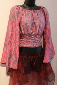 Bohemian style PINK silk blouse, crop top - one size fits XS, S, M