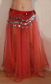 Ballroom buikdansrok, Naadloze cirkelrok van organza ORANJE-ROOD met GOUD GLANS -   Extra Large + Extra Long, L XL XXL